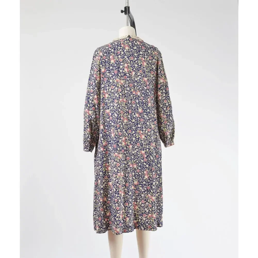 Vintage 70s Floral Babydoll Peter Pan Lace Collared Midi Dress with Pockets S - Picture 6 of 10
